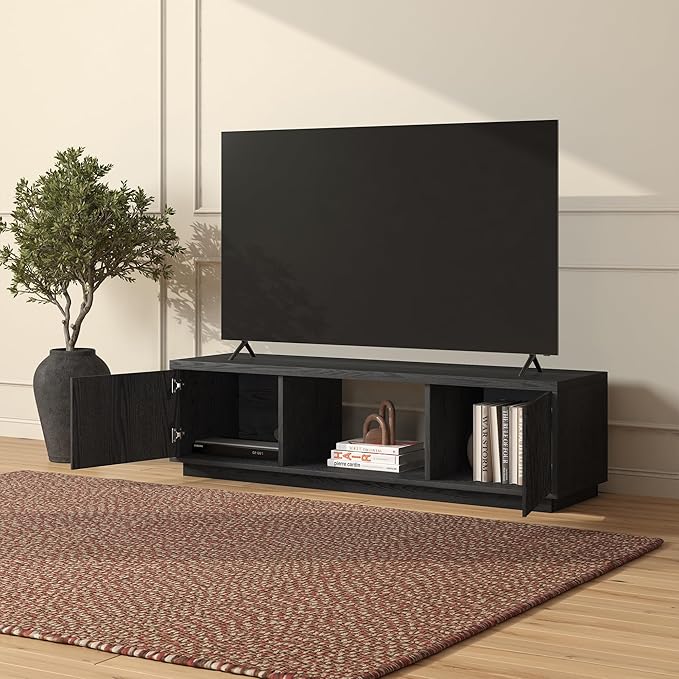 Henn&Hart Fluted TV Stand for TVs up to 65" with 2 Side Storage Cabinets and Open Center Storage for Living Room, Family Room, or Office, Natural Black