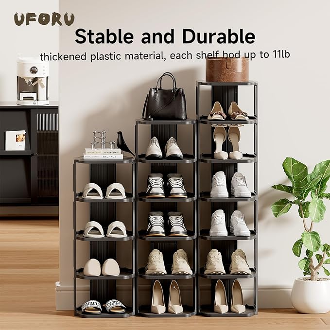 Small Shoe Rack, 5 Tier Plastic Vertical Shoe Rack for Small and Narrow Spaces, Free Standing Shoe Organizer for Closet, Entryway (Black)