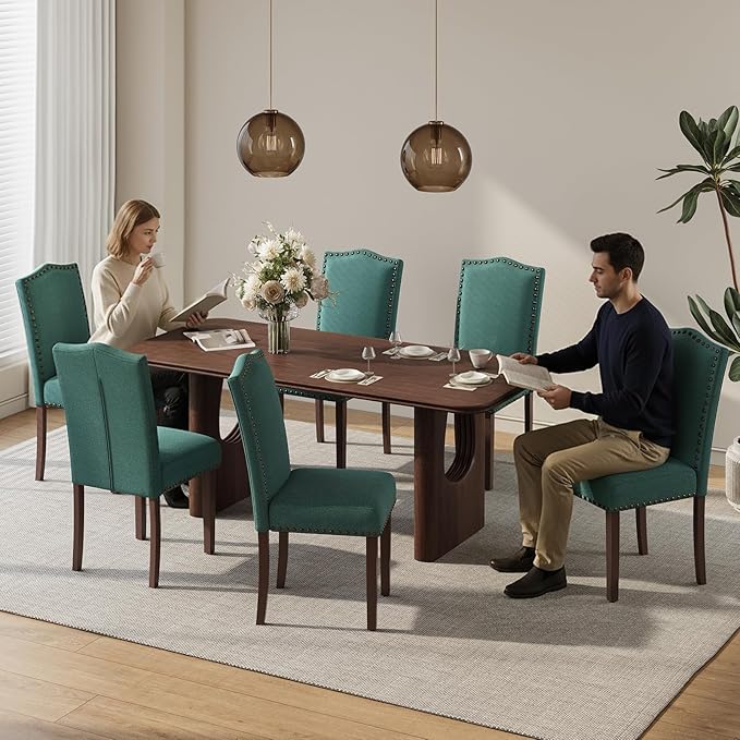 Dining Chairs Set of 6, Upholstered Soft Comfortable Parsons Chairs with High-Density Cushion, Solid Wood Legs & Nailhead Details for Dining Room, Kitchen, Living Room – Green