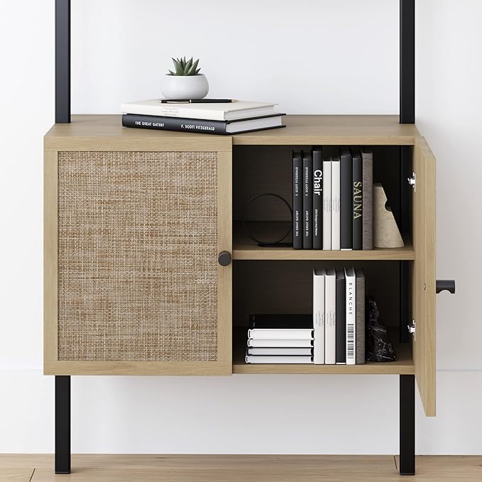 Nathan James Theo Industrial Open Shelf Bookcase with Accent Rattan Drawers Light Oak Wood, Matte Black Frame, Set of 2