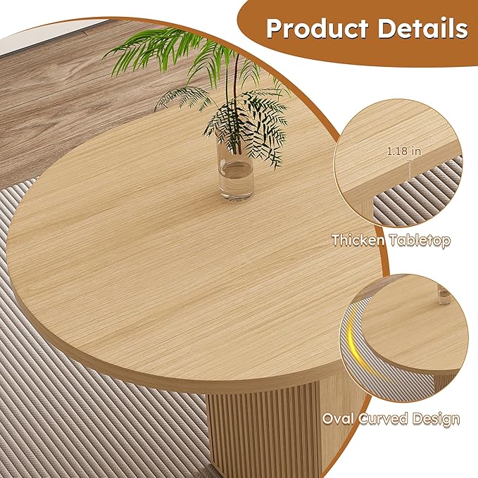 KEIKI 63" Oval Kitchen Table, Modern Farmhouse Kitchen Dining Table for 4-6, Large Round Pedestal Dining Table with Wood Strip Base, Waterproof Scratch Resistant Surface, Natural
