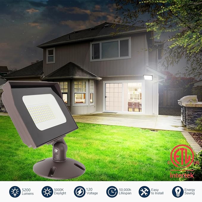2PACK Dusk to Dawn 40W Outdoor LED Flood Light with 1/2" Knuckle Mount (Plate Included), 5000K 5200LM 120V, ETL Waterproof LED Security Flood Lighting for Sign/Flagpole/Tree/Yards/Advertising Boards