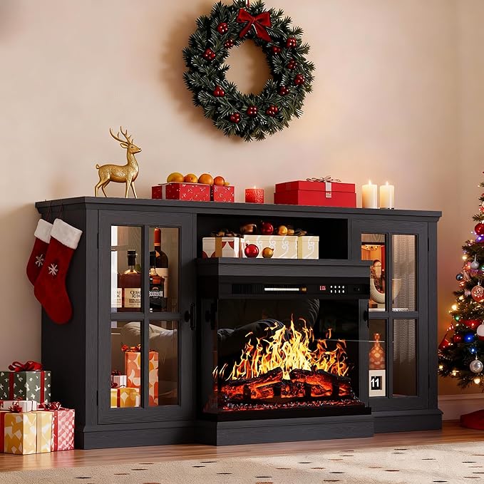 YESHOMY Glass Fireplace TV Stand for Televisions up to 65", Media Entertainment Center Console Table with Led Lights, Black