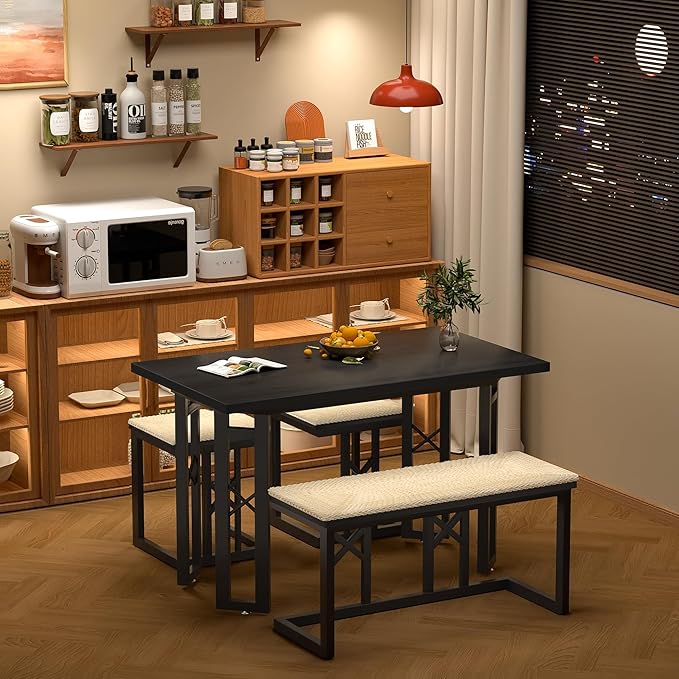 VECELO 43.3" Kitchen & Dining Table Set for 4, Rustic Farmhouse Style with 2 Benches and Wicker Cushions, Compact Metal Frame with Adjustable Foot Pads, Black