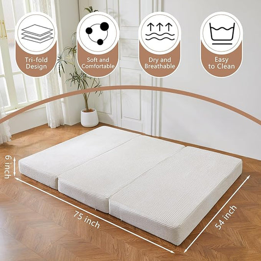 BYBYME Tri-Folding Corduroy Mattress, 6 Inches Gel Folding Mattress Topper, Foldable Soft Guest Bed Camping Pad, Washable Cover (Beige, Full)