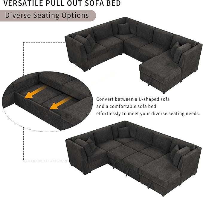 ERYE 108-Inch U-Shaped Sleeper Sectional Sofa with Pull Out Couch Bed for Living Room, Comfy Chenille Upholstered Corner Sleeper Sofabed with Storage Chaise & Power Sockets