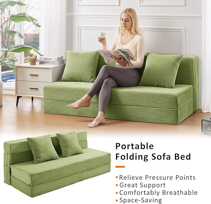 JKMAX Queen Size Folding Sofa Bed - 4 in 1 Convertible Sleeper Chair with Two Pillows - High Density Memory Foam Futon Couch - Foldable Bed for Living Room Bedroom (Green)