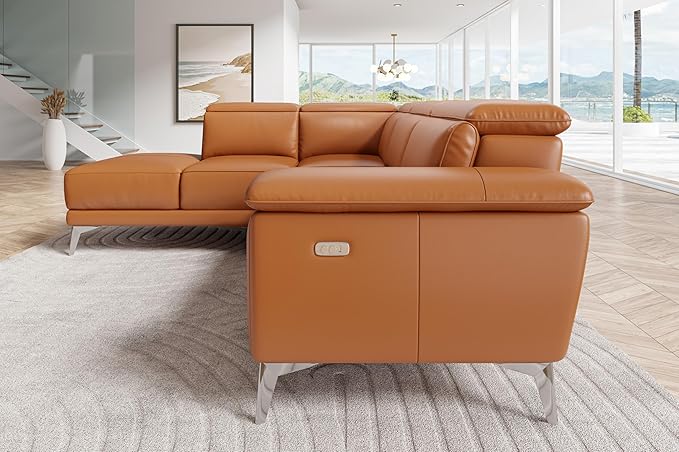 Valencia Pista 113" Full Leather Reclining Sectional Sofa with Left Hand Chaise | Power Recliner Chair, Nappa 11000 Leather | Sectional Couch for Living Room Furniture, Cognac
