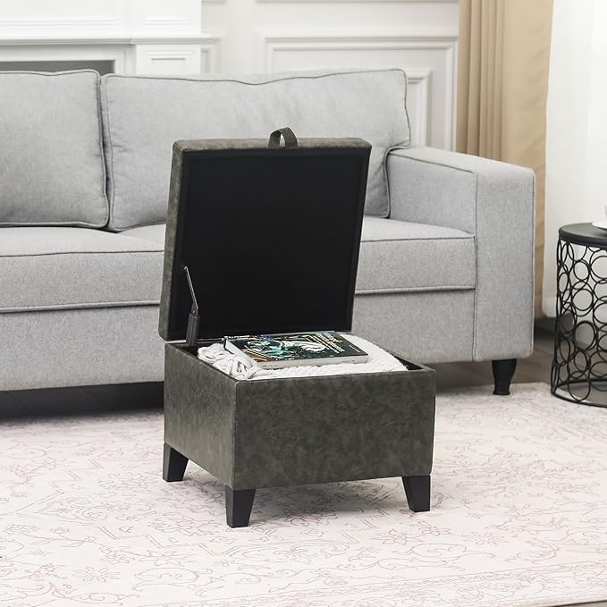 Adeco 15.2" Square Faux Leather Storage Ottoman, Button-Tufted Footrest Stool with Hinged Lid for Living Room & Bedroom Entryway, Upholstered Vanity Seat, Mixed Grey