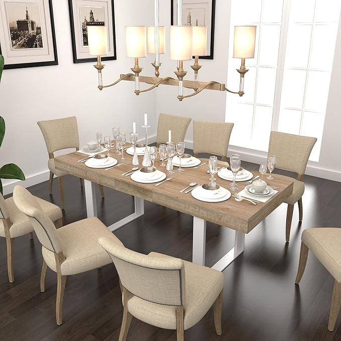 Ball & Cast Expandable Dining Table for 6-10,63-78.7" Transformer Kitchen Table W/Tapered U-Shaped Legs,Farmhouse Rectangular Extendable Dining Room Table for Small Space,White+Oak