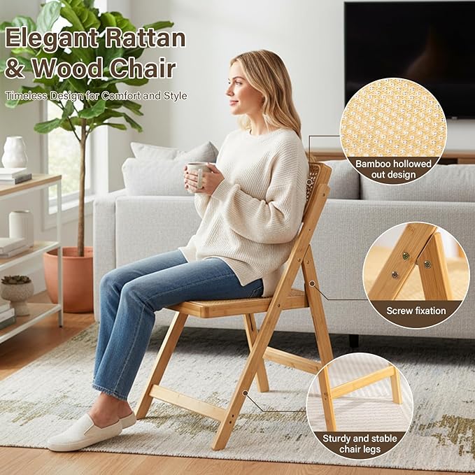 Rattan Folding Chairs, Modern Mid Century Dining Chairs Set of 2, Outdoor Bamboo Chair for Bedroom Living Room Reading Room Dining Kitchen, Wood