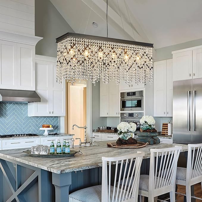 Q&S Black Modern Crystal Chandelier,L30 6-Light Luxury Rectangle Chandelier Light Fixtures for Dining Room Kitchen Island Bar UL Listed