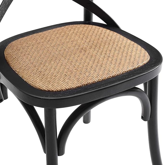 Modway Gear Rustic Modern Farmhouse Elm Wood Rattan Four Dining Chairs in Black