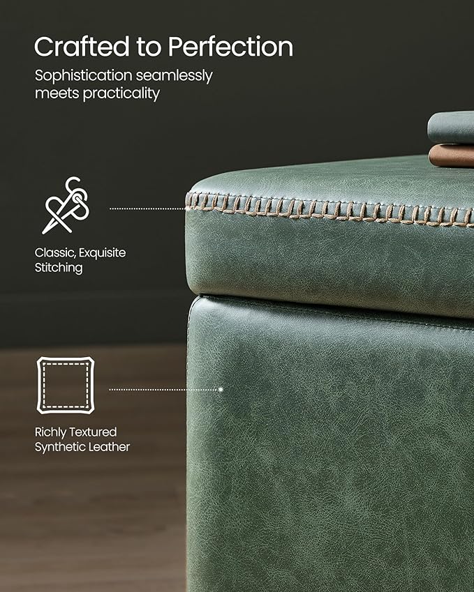 VASAGLE EKHO Collection - Storage Ottoman Bench, Entryway Bedroom Bench, 25 Gallons, Synthetic Leather with Stitching, Mid-Century Modern, Safety Hinges, Loads 660 lb, Forest Green ULOM075C01