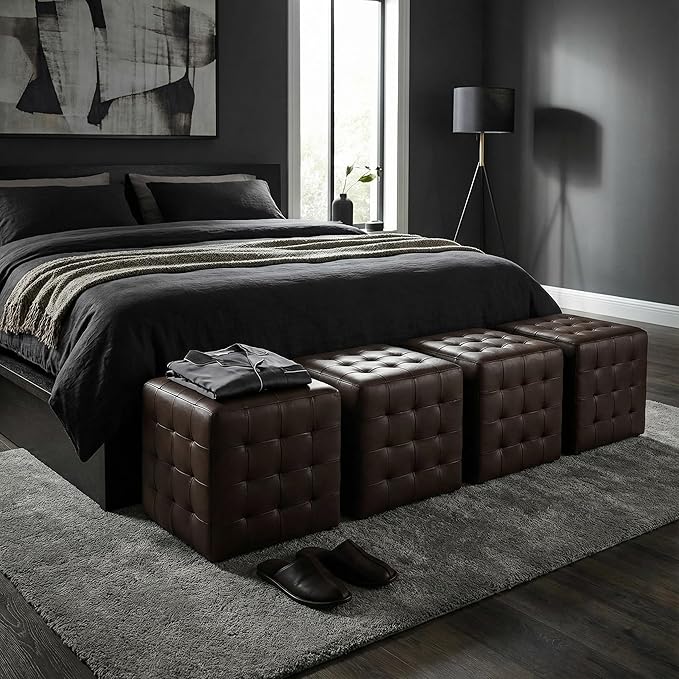 Cortesi Home Charli Tufted Cube Ottoman in 100% Genuine Leather, Brown