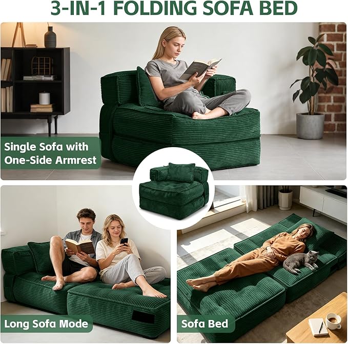 Folding Sofa Bed Chair with Armrests, Convertible Futon Couch Sleeper Chair for Adults, Fold Out Boneless Chair Bed, Foldable Sofa Lounge for Small Spaces, with Pillow, Green