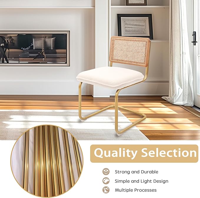 CangLong Modern Dining Chairs Set of 4 with Natural Mesh Rattan Backrest, Upholstered Fleece Seat Armless Accent Chairs with Metal Legs for Kitchen & Living Room, Cream