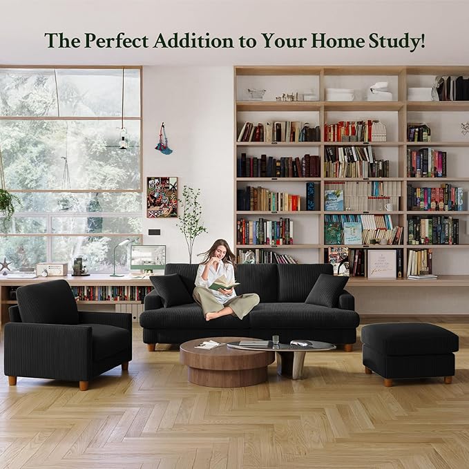 Welzona 35.3" Couches for Living Room, Comfy Black Couch Single with 22.5" Deeper Seat, Accent Chair Tool-Free Setup, Reading Chair 440lbs Support, Corduroy Couch for Bedroom, Apartment, Office