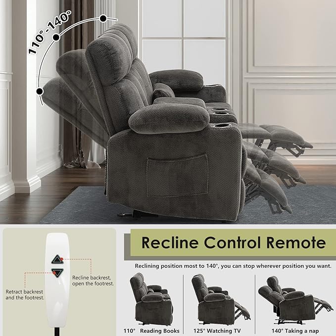 Power Reclining Loveseat with Console, Power Loveseat Recliner Sofa with Heat and Massage, Extended Footrest, Wall Hugger RV Reclining Couch with Cup Holders, Lumbar Support for Living Room