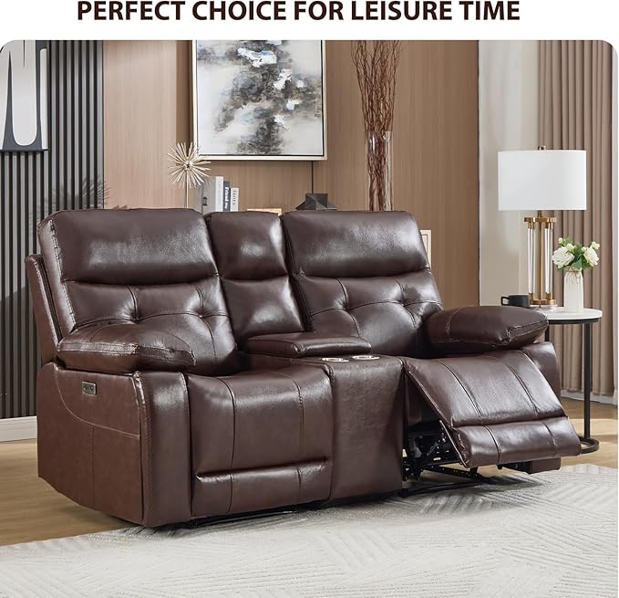 CANMOV Genuine Leather Power Recliner Sofa Set, Two Power Recliner Chair and Loveseat Set, 3 Pieces Leather Couch with Storage Console, USB Ports, Cup Holders for Living Room,Dark Brown