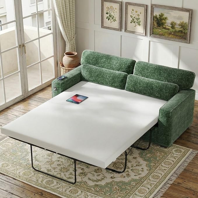 Marsail Pull Out Sofa Bed, Full Size Sleeper Sofa with Memory Foam Mattress, 2 USB Charging Ports & Removable Covers, Chenille Loveseat Couch for Living Room, Apartment, Green