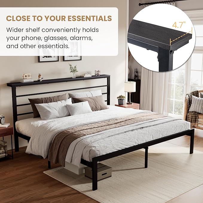 SHA CERLIN King Size Bed Frame with Headboard Shelf and Strong Metal Foundation, No Box Spring Needed, Black