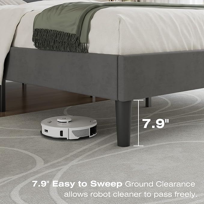 VECELO Queen Bed Frame with Upholstered Headboard, Heavy-Duty Platform Bedframe with Strong Wooden Slats Support, No Boxing Spring Needed, Dark Grey