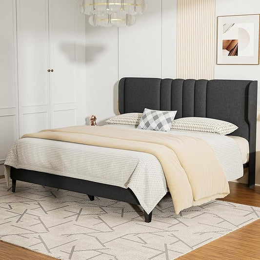 GTPLAYER Full Size Bed Frame, Upholstered Platform Bed Frame with Tall Headboard Wingback, Soft Velvet Fabric, No Box Spring Needed, Easy Assembly, Dust Grey