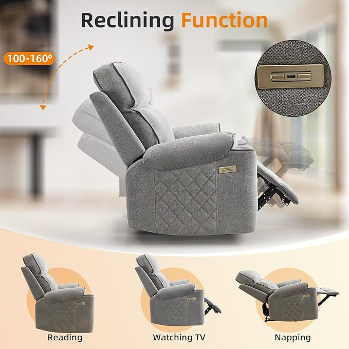 EBELLO Power Recliner Chair, Electric Fabric Reclining Sofa with Cup Holders, USB Charging Ports, for Living Room, Bedroom and Meeting Room, Light Grey