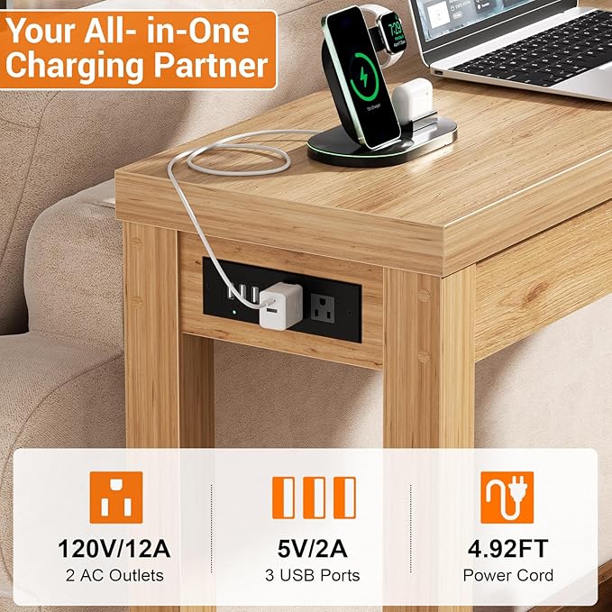 Cyclysio 47" Console Tables for Entryway, Narrow Console Tables for Living Room, Behind Couch Table, Sturdy Wood Support Hallway Table with 3AC+2USB Charging‌ Station, Natural Oak