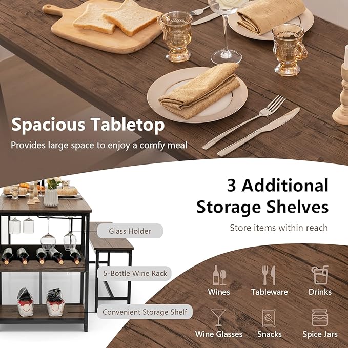 Giantex Dining Table Set for 4, 3-Piece 55" L Kitchen Table Set w/ 2 Benches, Breakfast Table w/ 5-Bottle Wine Rack & Glass Holder, Space-Saving Dinette Set for Dining Room, Kitchen, Apartment