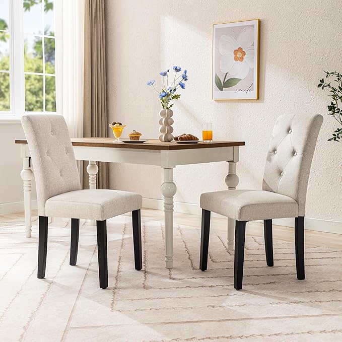 VECELO Upholstered Dining Chairs Set of 2, Modern Fabric and Solid Wood Legs & High Back for Kitchen/Living Room- Beige