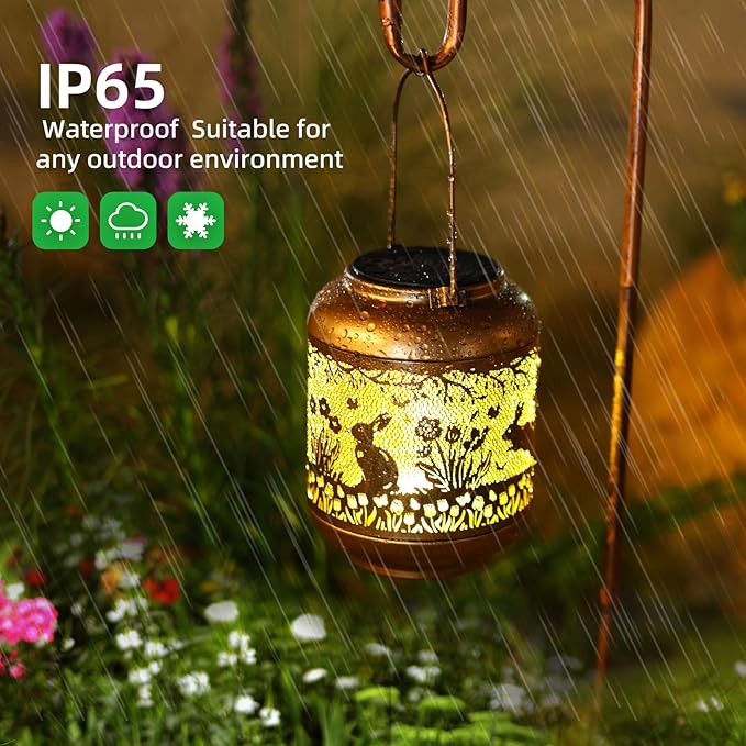 2Pack Rabbit Solar Lanterns Outdoor Waterproof Hanging Solar Lights Bunny Gifts for Women Mom Grandma Metal Decorative LED Lantern Outside for Garden Decor,Yard,Patio,Lawn,Porch,Backyard,Pathway
