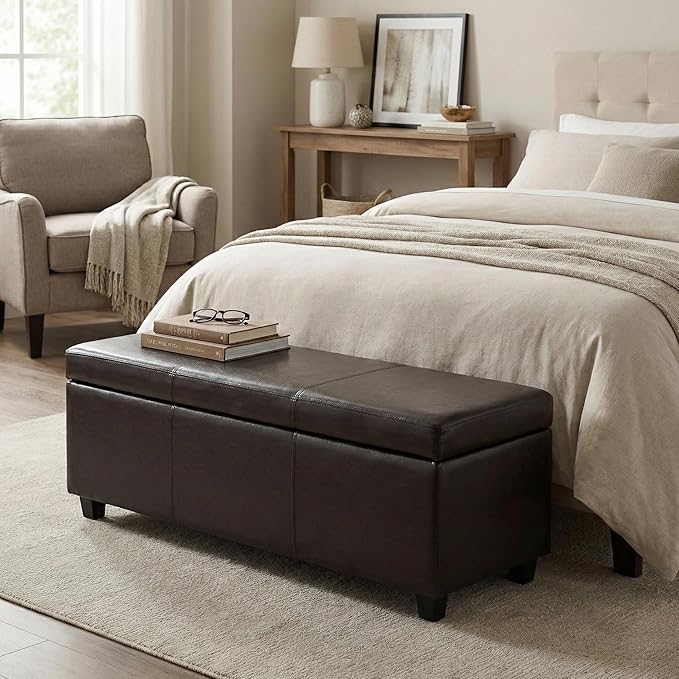 SIMPLIHOME Avalon Storage Ottoman Bench - 48 inch Wide Upholstered Vegan Leather Rectangular Lift-Top Ottoman in Tanners Brown, Contemporary Storage Bench for Living Room with High-Density Foam