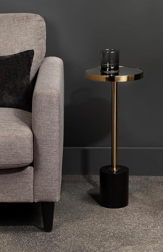 Kate and Laurel Hescott Modern Mirrored Drink Table; 10 x 10 x 24; Black and Gold; Glam Round Pedestal Table for Use as Plant Stand Indoors or Living Room Accent Table