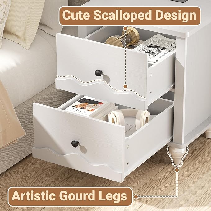 Cyclysio White Nightstand with Charging Station, Scalloped Bedside Table with 2 Smooth Drawers, Modern End Table with Solid Wood Legs for Bedroom and Small Spaces