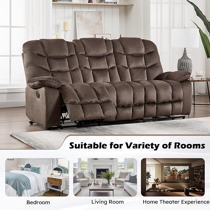 HAOMARKETS 3-Seat Manual Reclining Sofa Set of 2, Soft Fabric Recliner Couch with Padded Headrest and Armrests, 85" Wide Overstuffed 3-Seater Recliner Couches for Living Room, Brown