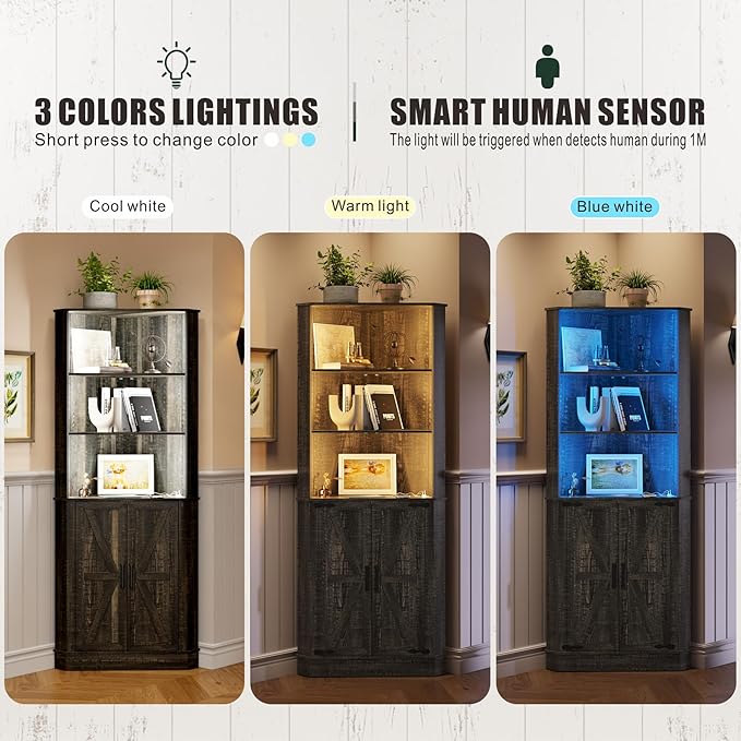 Farmhouse Corner Cabinet with LED Light, 67" Tall Bathroom Cabinet with 2 Doors and 3 Tier Shelves, Free Standing Corner Storage Cabinet for Living Room or Kitchen, Rustic Brown