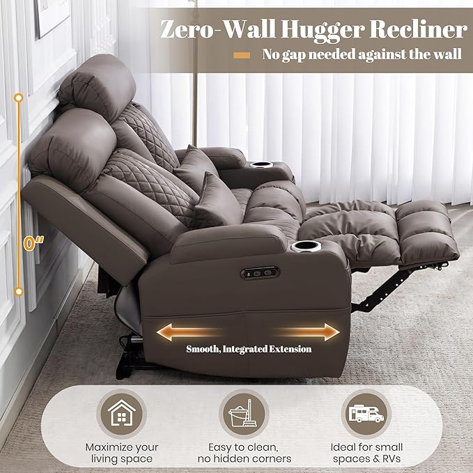 Zero Wall Hugger Power Reclining Loveseat with Adjustable Headrest, Power Loveseat Recliner Sofa with USB&Type-C Ports, Wall Hugger Reclining Loveseat for Living Room (PU Brown, 2 Seater) | Cat-Proof Leather