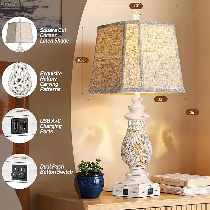 PARTPHONER 29" Table Lamps Set of 2, Bedside Lamps with USB A+C Ports & Night Light, Farmhouse Nightstand Lamps with Linen Fabric Shades for Bedroom Living Room, Antique White (LED Bulbs Included)