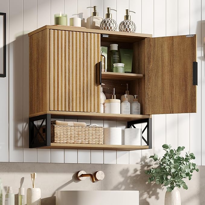 Fluted Bathroom Wall Storage Cabinet with Open Shelf, Floating Wall Mounted Medicine Cabinet with Adjustable Shelves, Over The Toilet for Bathroom, Laundry Room, Kitchen, Natural Oak