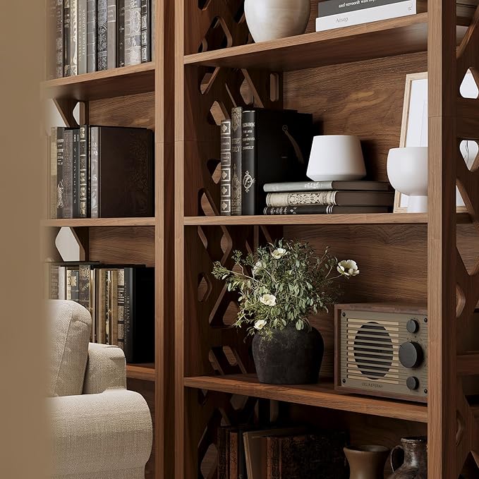 LITTLE TREE Wooden Bookshelf, Farmhouse 5-Shelf Bookcase, 70.9" Bookshelves and Bookcases, Office Bookshelf for Living Room, Bedroom, Kitchen, Home Office, Vintage Openwork Design, Rustic Brown