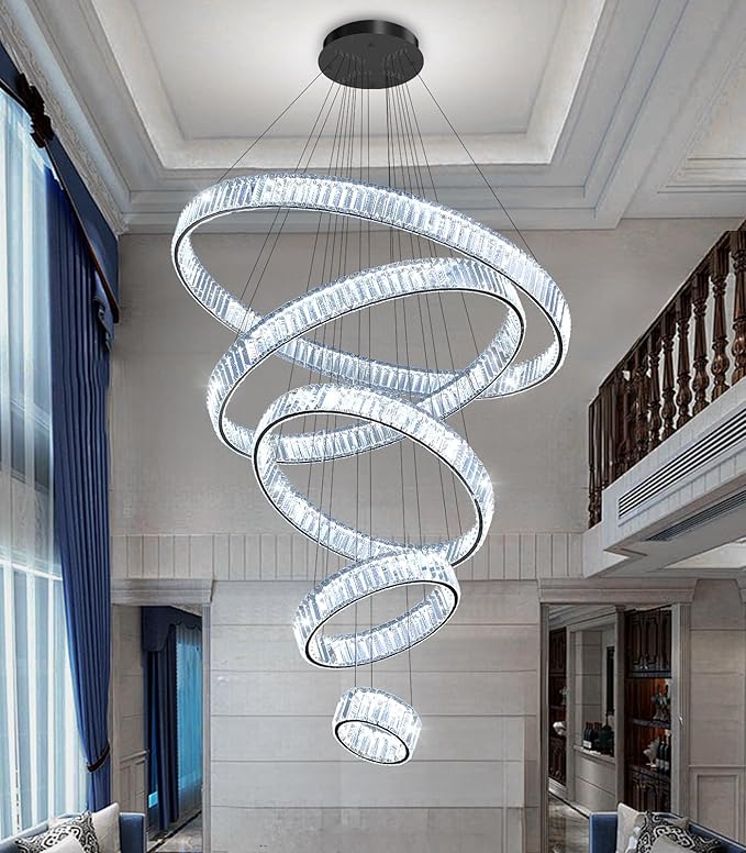 Large Ring Crystal Chandelier Modern Dimmable Chandelier High Ceiling Chandelier Round LED Ceiling Light Fixture for Foyer Long Stair Big Chandelier Black 8''+16''+24''+32''+40''