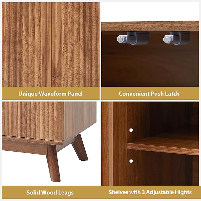 Set of 2 Fluted Storage Cabinet with 2 Doors and Adjustable Shelves, Mid Century Modern Credenza Sideboard Buffet Cabinet with Storage, Kitchen Sideboard for Dining Room Hallway Entryway - Walnut