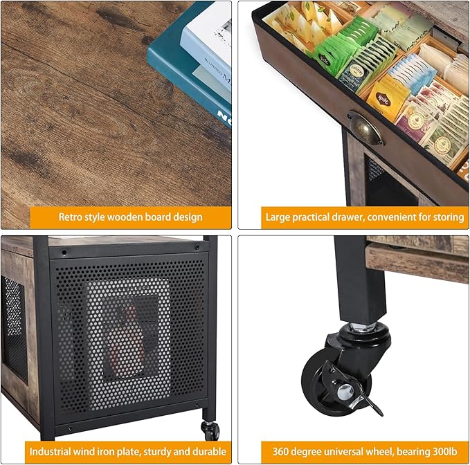X-cosrack Coffee Bar Cabinet，3 Tiers Kitchen Coffee Cart with Drawer for The Home, Movable Farmhouse Ktichen Station Table on Wheels for Living Room, Entryway, Dining Room, Kitchen