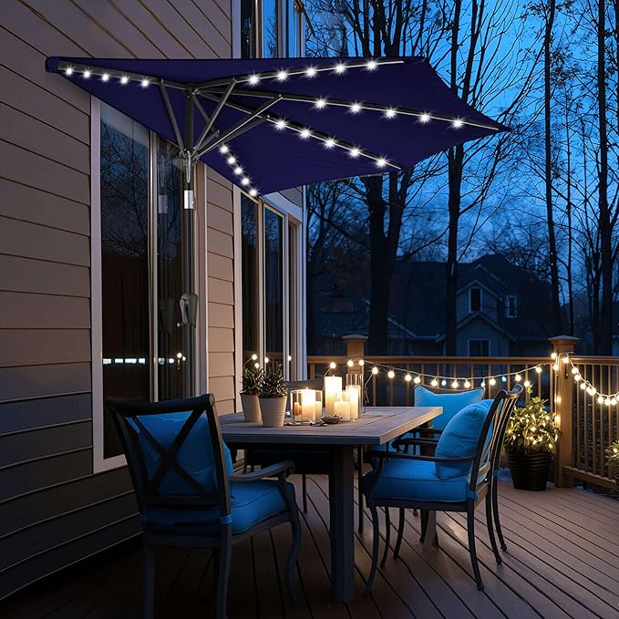 9ft Solar Half Umbrellas Outdoor - LED Half Patio Umbrella with 25 Lights, UV Protection Waterprool, Half Round Umbrella for Wall Balcony, Pool, Porch, Garden, Deck, Backyard, Navy Blue