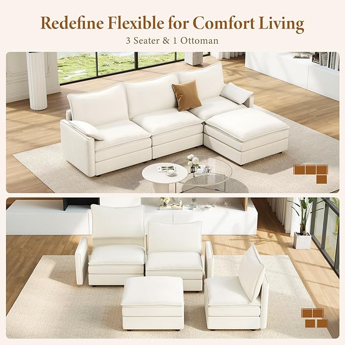 Vesgantti 108" Modular Sectional Sofa, Comfy Cloud Couch with Movable Ottoman Deep Seat Chenille L Shaped Modular Sofa, Sectional Couches for Living Room, Bedroom and Apartment, Snow White | Sink-in Comfort, Height Adjustable, Easy Rearrangement, Extra...