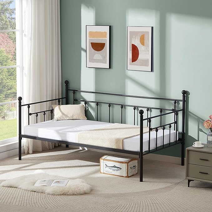 VECELO Daybed Frame, Twin Size Metal Platform Bed with Headboard,Heavy Duty Steel Slats Support for Living Room Bedroom Guest Room, Easy Assembly