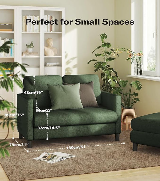 Welzona Loveseat, 51" Small Couch, Comfy Teddy Love Seat for Living Room, Tool-Free Setup Loveseat Sofa for Small Spaces, All-Wood Small Sofa Couch for Bedroom, No Pillow Included, Green