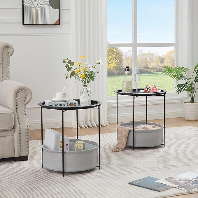 VECELO Round Side/End Table with Fabric Storage Basket，Metal Anti-Rust and Waterproof Small Bedside Nightstand with Removable Tray Top for Living Room，Balcony & Laundry，Black /1pcs with Basket